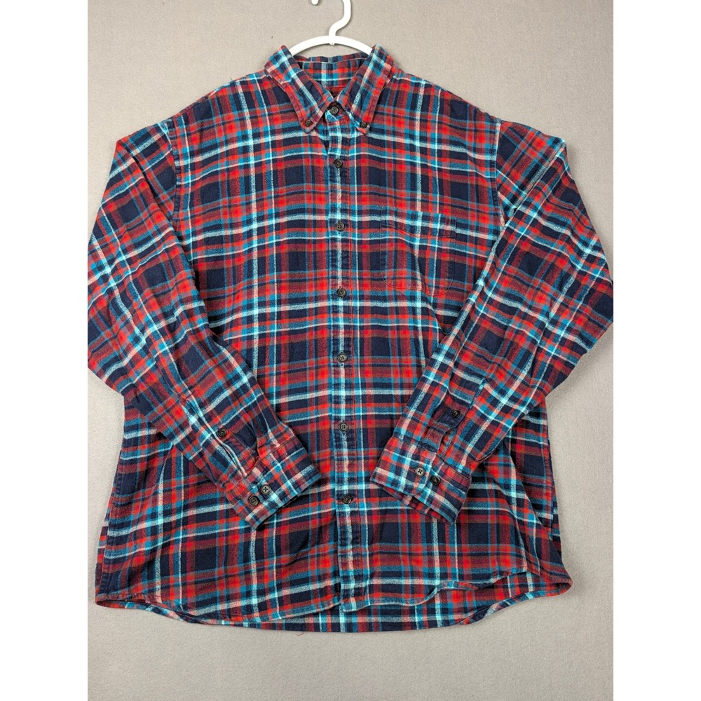 Lands End Mens XL Flannel Shirt Red Blue Plaid Traditional Fit Cotton Buttondown